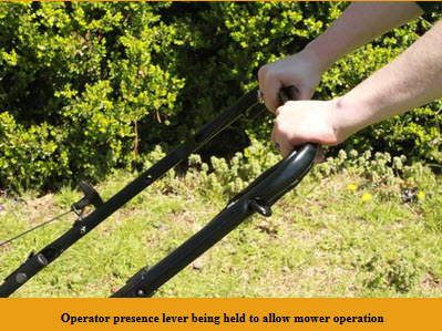 Operator presence lever being held to allow mower operation